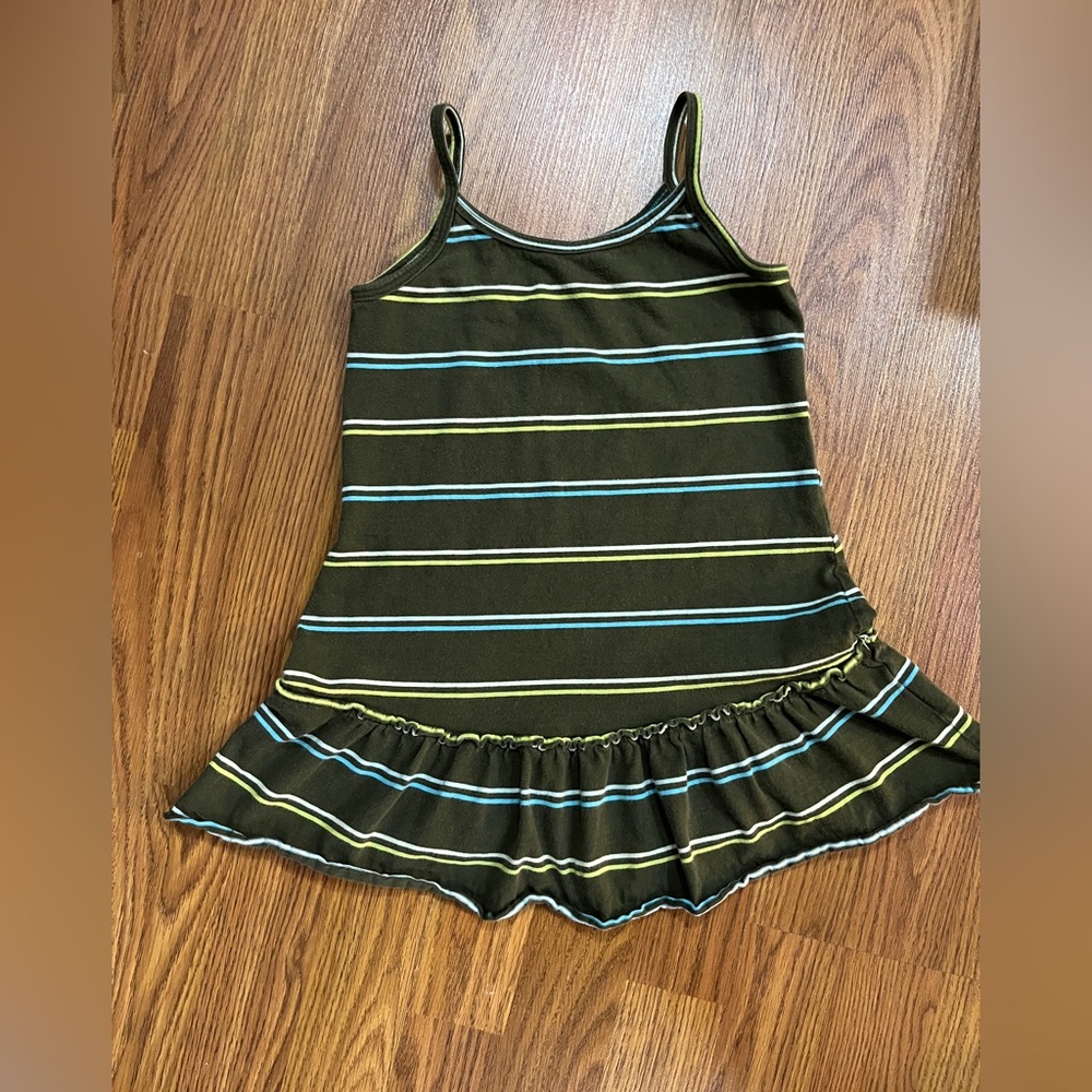 Old Navy, girls’ XS sundress, early Y2K, striped ruffle, olive